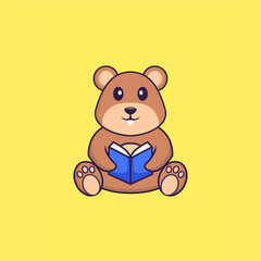 Cute squirrel reading a book. Animal cartoon concept isolated. Can used for t-shirt, greeting card, invitation card or mascot. Flat Cartoon Style