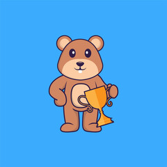 Cute squirrel holding gold trophy. Animal cartoon concept isolated. Can used for t-shirt, greeting card, invitation card or mascot. Flat Cartoon Style
