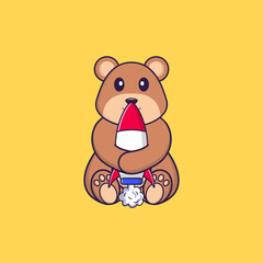 Cute squirrel holding a rocket. Animal cartoon concept isolated. Can used for t-shirt, greeting card, invitation card or mascot. Flat Cartoon Style