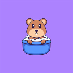 Cute squirrel taking a bath in the bathtub. Animal cartoon concept isolated. Can used for t-shirt, greeting card, invitation card or mascot. Flat Cartoon Style