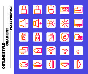 Personal computer icon set outline style with gradient and pixel perfect