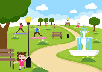 Obraz na płótnie Canvas City Park Illustration For People Doing Sport, Relaxing, Playing Or Recreation With Green Tree And Lawn. Scenery Urban Background