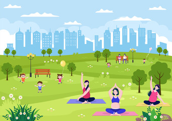 Obraz na płótnie Canvas City Park Illustration For People Doing Sport, Relaxing, Playing Or Recreation With Green Tree And Lawn. Scenery Urban Background