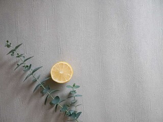 Fototapeta na wymiar レモンなどの柑橘系とユーカリの葉。リラックス・アロマの香り。