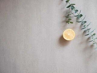 Fototapeta na wymiar レモンなどの柑橘系とユーカリの葉。リラックス・アロマの香り。