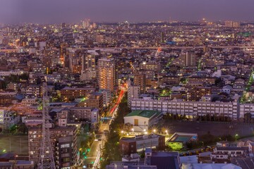 Tokyo city scape at night time capture from Funabori city tower hall
