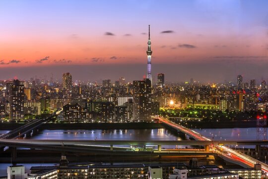 Tokyo city scape at night time capture from Funabori city tower hall