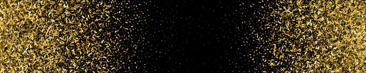 Golden Explosion Of Confetti. Gold Glitter Texture Isolated On Black. Panoramic Background. Wide Horizontal Long Banner For Site. Celebratory Background. Vector Illustration, Eps 10.