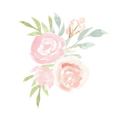 Blush flowers watercolor bouquets, pink roses floral arrangement on white background
