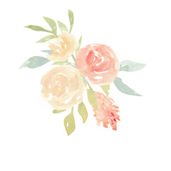 Blush flowers watercolor bouquets, pink roses floral arrangement on white background
