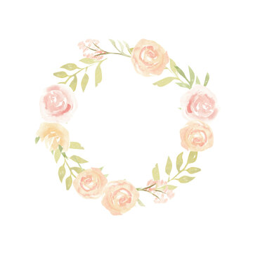 Blush flower watercolor wreath, pink floral frame o white background