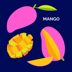Set of whole and half mango, sliced. Doodle illustration of vector exotic fruit isolated on dark background for menu, website