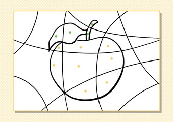 Cartoon coloring by dots for Kids. Printable worksheet. Apple