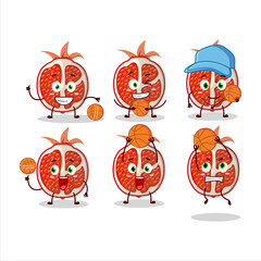 Talented slice of pomegranate cartoon character as a basketball athlete