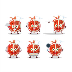 Cartoon character of slice of pomegranate with various chef emoticons