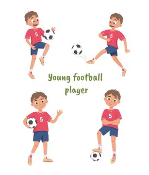a set of vector isolated images of a football player boy in different poses. A child playing football with a soccer ball and scores a goal. A cartoon-style character