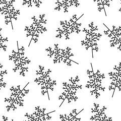 Botanical elements seamless vector pattern. Branch with leaves. Monochrome. Black silhouette of a plant on a white background. Hand-drawn black doodle. Cute twigs illustration. Sketch of herbs.
