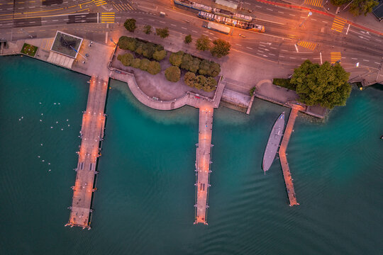 aerial view of illuminated jety in zurich 