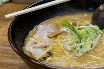 Close up of Japanese noodle soup with pork or well-known as Ramen Miso Soup with Shasu