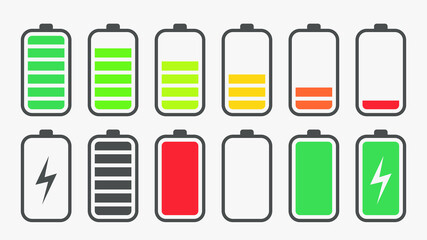 Battery charging charge indicator. Vector icon level Battery Energy powerfully full. Power running low up status batteries set logo Charge level empty loading bar Gadgets alkaline tags. Nearly there.