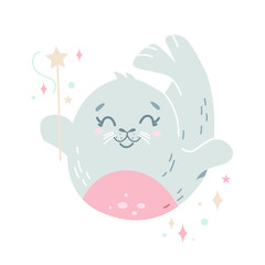 Vector illustration of a small seal holding a magic wand in his hand, isolated on a white background. Perfect for a poster, nursery clothing, postcard, print.