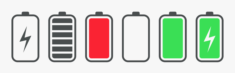 Battery charging charge indicator. Vector icon level Battery Energy powerfully full. Power running low up status batteries set logo Charge level empty loading bar Gadgets alkaline tags. Nearly there.