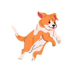 Side view of a jumping puppy. The orange-haired puppy is having fun.