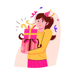 Smiling woman handing gifts at party. Event celebration concept people vector illustration.