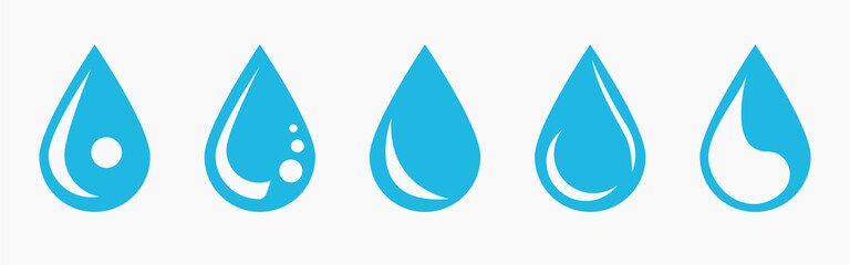 Vector blue water drop icon set. Flat droplet logo shapes collection