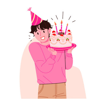 A man who brings you a pretty cake with birthday candles on it. Event celebration concept people vector illustration.