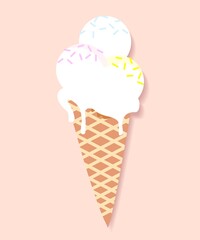Colorful ice cream in a waffle cone on a beige background. Vector illustration