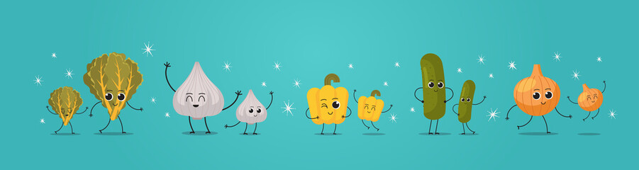 cute mascot lettuce garlic pepper cucumber onion vegetables characters funny cartoon personages standing together healthy food concept horizontal