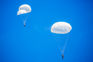 Skydiving. Flying parachutists against the background of the blue sky and mountains. Extreme sport and entertainment.