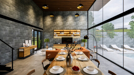 3d rendering. Interior house modern open living space with kitchen and dining area.Loft style Duplex  residence .Home decoration luxury  interior-exterior design.Outdoor terrace with swimming pool.