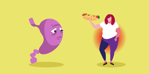 fat woman eating hot dog unhealthy nutrition overweight girl with abdominal pain stomach ache painful area highlighted in red color horizontal full length