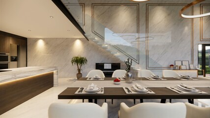 3d rendering. Interior house modern open living space with kitchen.Luxury modern style Duplex apartment residence.Home decoration luxury  interior design.