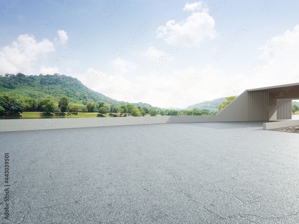 Wall mural abstract architecture design of modern building. empty parking area floor and concrete wall with mou