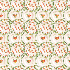 Background pattern of plates with peaches. Good for poster, invitation, card, flyer, cover, banner, brochure and other graphic design. Trendy abstract summer templates. 