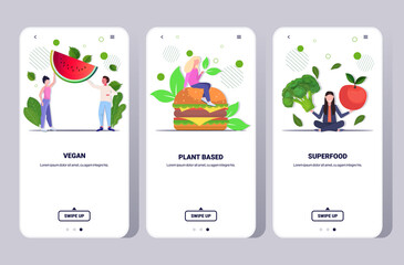 set people eating fruits vegetables and plant based burger healthy lifestyle vegan fresh food concept smartphone screens collection mobile app copy space full length horizontal