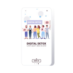 activists holding posters with gadgets in red prohibition signs digital detox concept