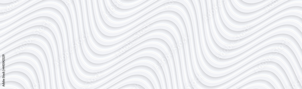 Poster 3D white wavy background for business presentation. Abstract flow elegant pattern. Minimalist empty striped blank BG. Halftone monochrome cover with modern minimal color, vector illustration.