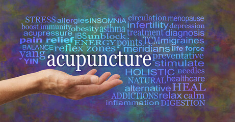 Words associated with the benefits and uses of Acupuncture - female open palm hand with the word acupuncture floating above surrounded by a relevant word cloud against a rustic modern background
 - obrazy, fototapety, plakaty