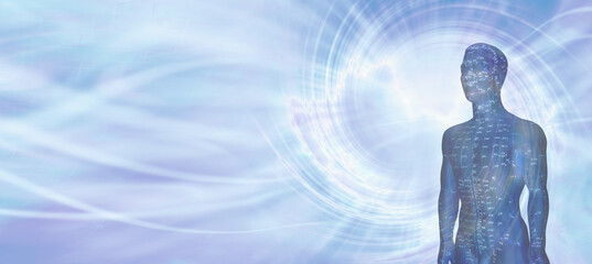 Acupuncture Model Energy Meridians Message Banner - a flowing blue vortex energy background with half an acupuncture dummy in a blue colour showing meridians and space for copy
 - obrazy, fototapety, plakaty