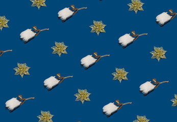 Christams pattern made with winter and New Year objects on blue background. Minimal Christmas concept.