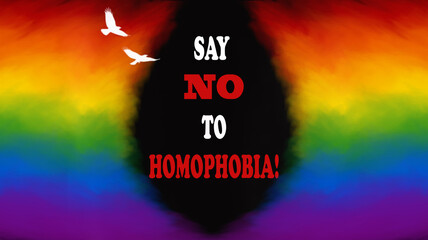 The colors of the gay-LGBT community. Banner with the text "Say NO to Homophobia".