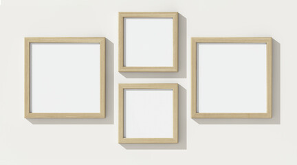 Wooden frames on white wall. 3D render wooden frame mock up. Empty interior. 3D illustrations. 3D design interior. Template for business.	