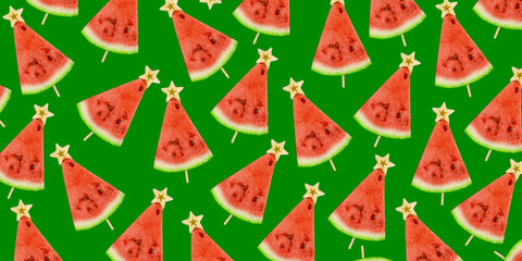 Watermelon background. Watermelon slices on a stick with a star from an apple top view. Fruit...