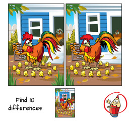 Rooster counting chicks. Find 10 differences