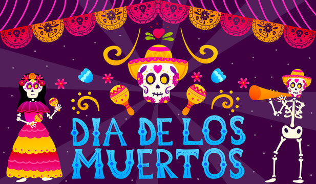 Dia de los muertos banner in cartoon style with dancing skulls and colourful lettering, floral ornate for day of the dead, greeting card for festival