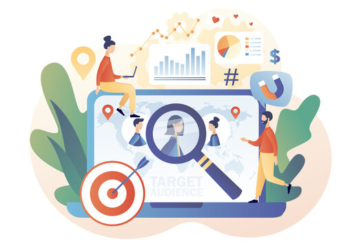 Tiny people targetologist set up advertice on social networks on laptop. Target audience, customers outreach, digital targeting marketing, business goal. Modern flat cartoon style. Vector illustration